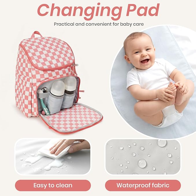 FHELAD Checkered Diaper Bag Backpack with Changing Pad & Stroller Clips, Large Travel Baby Diaper Bag for Newborn Moms, Baby Shower Gifts (Peach Pink)