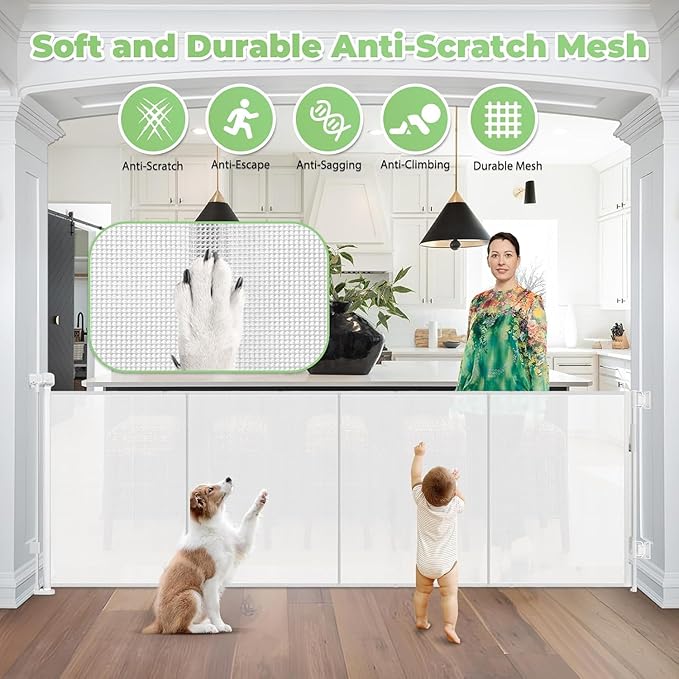 Reinforced 155 Inch Extra Wide Retractable Baby Gate with Reinforced Rods, 13 Feet Wide Retractable Dog Gate ??Prevents Crawling Under, Extra Long Baby Gate Retractable Fence Outdoor Garage Gate/White