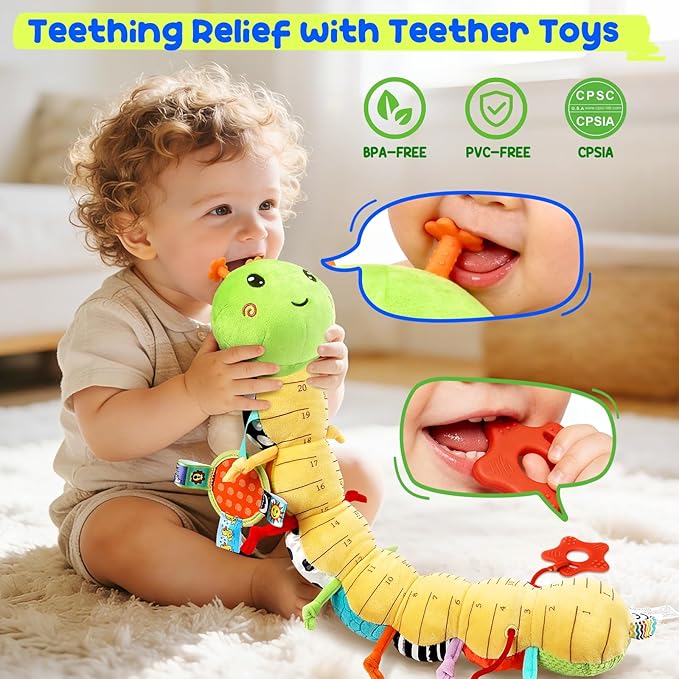 Baby Stuffed Caterpillar Toys for 0-6 6-12 Months, Musical Animal Sensory Toys for Infant 3 6 9 12 18 Months, Tummy Time Toys with Mirror Rattle Crinkle for Newborn Boys Girls Shower Gifts