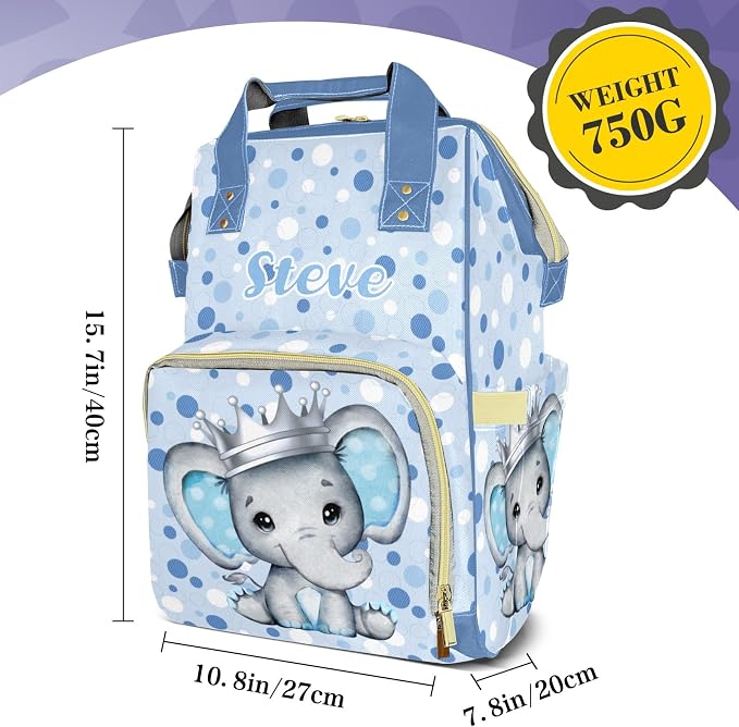 Cute Elephant Large Personalized Diaper Bag Backpack for Baby Boy with Name, Thermal Pockets, Waterproof Custom Baby Bags for Boys, Multi-functional Customized Nappy Bag Mom Travel Daypack