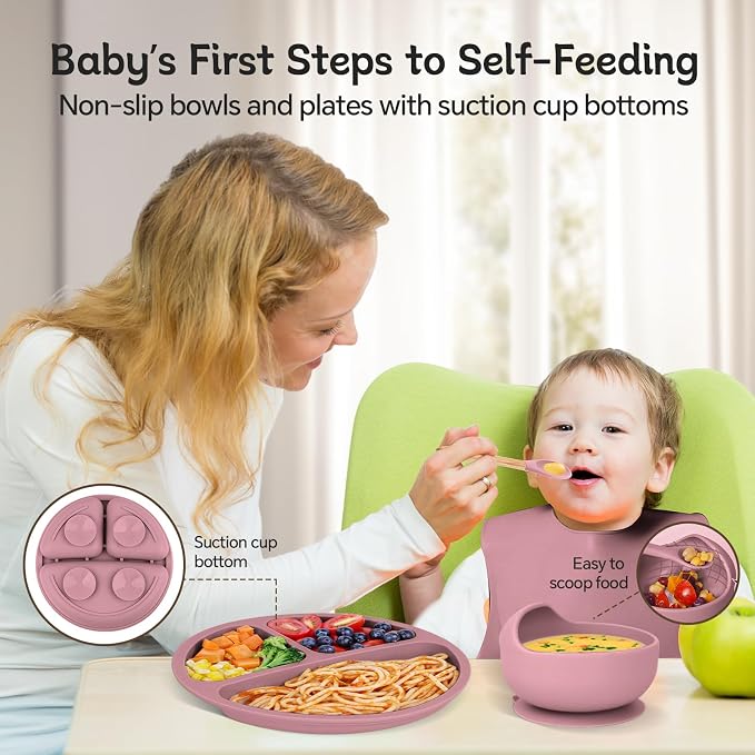 Silicone Baby Feeding Set, BPA Free Baby Feeding Essentials, Baby Suction Bowl, Plates, Bib, Sippy Cup, Spoons set, Baby Led Weaning Supplies to Develop Self-feeding Skills (Pink, With Lid)