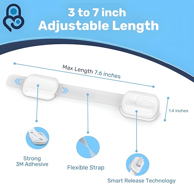 3M Adhesive Child Safety Strap Locks by Baby Proof Me, Baby Latches for Cabinets, Dishwashers, Fridges, Ovens and Trash Cans, Stain Free Toilet Lock (White, 24 Safety Latches)