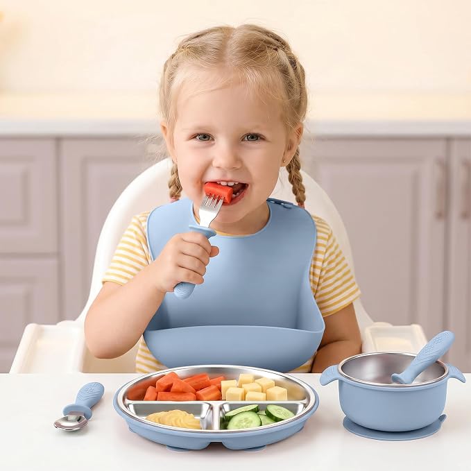 5-in-1 Stainless Steel Baby Feeding Set, Suction Divided Plates, Bowls, Silicone & Stainless Spoon Fork, Baby Tableware for Self-Feeding, Durable, BPA-Free (Blue)