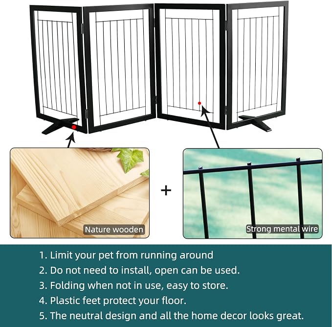 Dog Fence Indoor - 4-Panel Freestanding Dog Gate for Doorways, Hallways, House or Stairs -80x32-Inch Retractable Foldable Expandable Wood Pet by SFJC (Black)