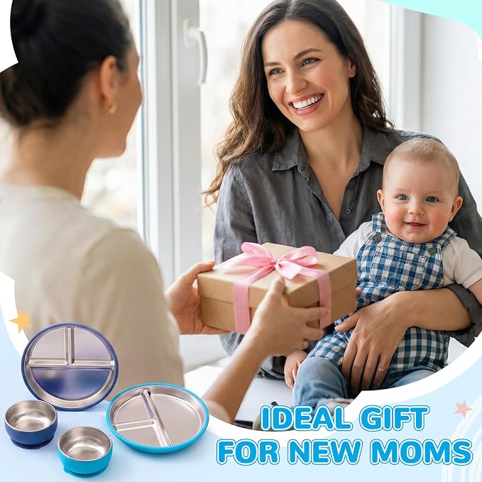 Havawish 4 Pcs Stainless Steel Baby Plate and Bowl with Suction, 8.3" Kid Divided Plate 4" Toddler Bowl with Removable Silicone, BPA-free Non-slip Baby Feed Set Dishwasher Safe for Boy Girl (Teal)