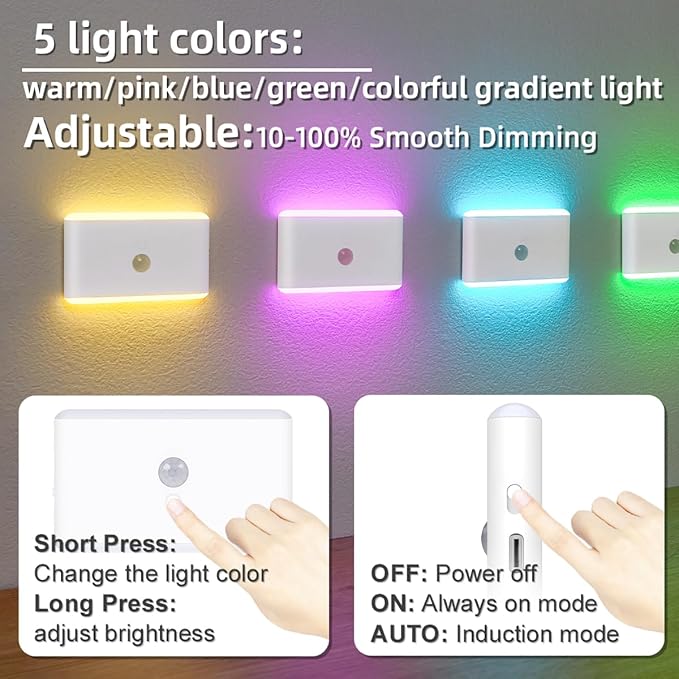 Rechargeable Night Lights,LED Light 5 Colors Dimmable with Motion Sensor,Wall Lamp for Bedroom Bathroom Kitchen Hallway Kid Room (2)