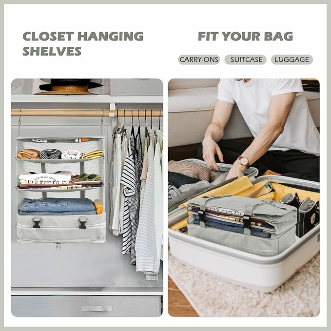 Surblue Hanging Closet Storage Bag Collapsible 3-Shelf Washable Oxford Fabric with 2 Hooks (XL 17.71 * 11.81 * 20in, Light Gray)