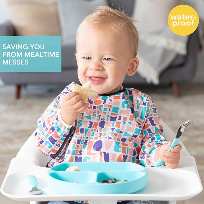 Bumkins Sleeved Bib for Girl or Boy, Baby and Toddler for 6-24 Mos, Essential Must Have for Eating, Feeding, Baby Led Weaning Supplies, Long Sleeve Mess Saving Food Catcher, Born This Way Kindness