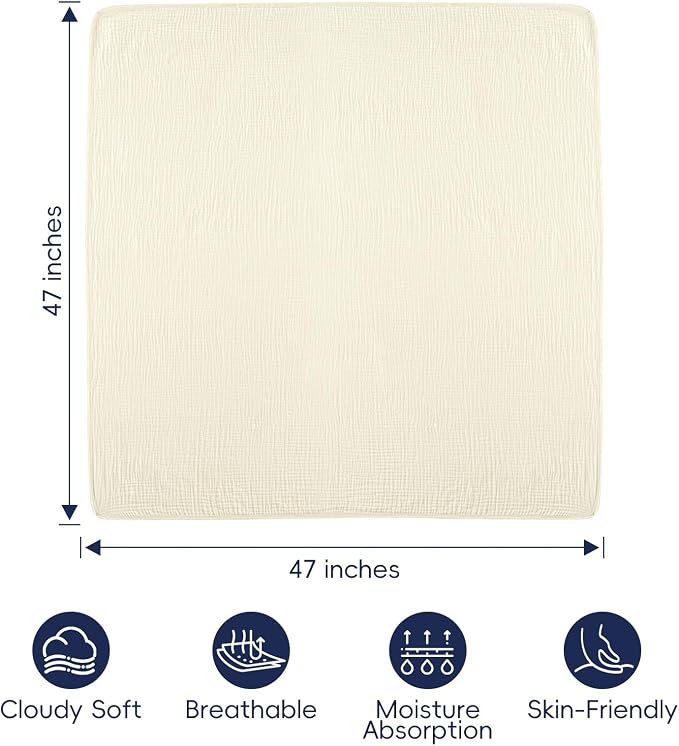 PHF Baby Muslin Swaddle Blanket, 100% Cotton Soft Breathable Receiving Blankets for Boys and Girls, 4-Layer Swaddle Wrap Burping Clothes, Baby Essentials, Large 47 x 47 inches, Beige/Birch