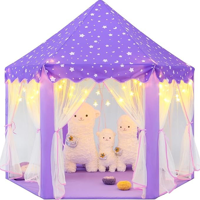 Princess Tent for Girls Age 4-7 with Star Lights, Kids Play Tent for Girls Indoor, Castle Playhouse Tent for Toddlers, Purple Princess Toy Tent 55x53 inch