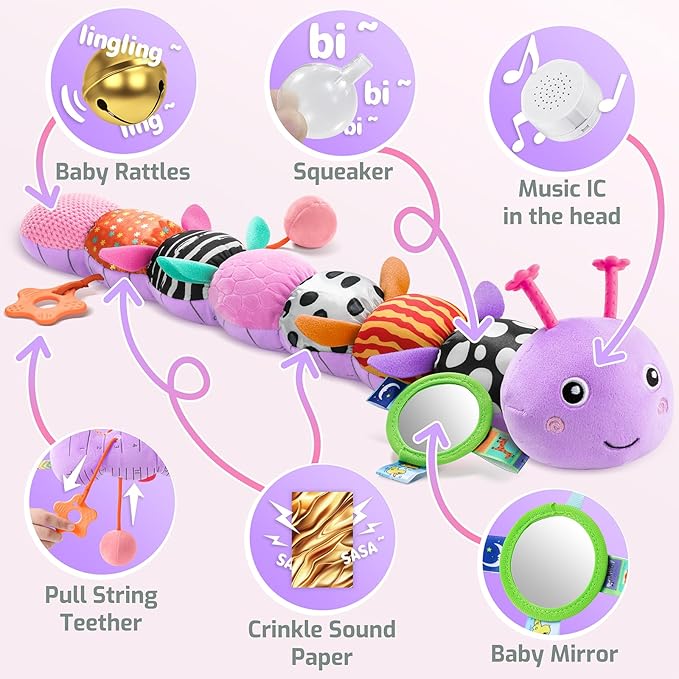 Sumobaby Baby Toys 0-6 6-12 Months, Music Caterpillar Plush Toy with Baby Mirror, Pull String&Crinkle Rattle,Infant Teething Toys,Tummy Time for 0-3-6-12 Month Boys Girls Newborn Gifts (Purple-Leaf)