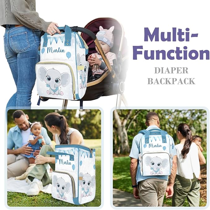 Cute Elephant Large Personalized Diaper Bag Backpack for Baby Boy with Name, Thermal Pockets, Waterproof Custom Baby Bags for Boys, Multi-functional Customized Nappy Bag Mom Travel Daypack