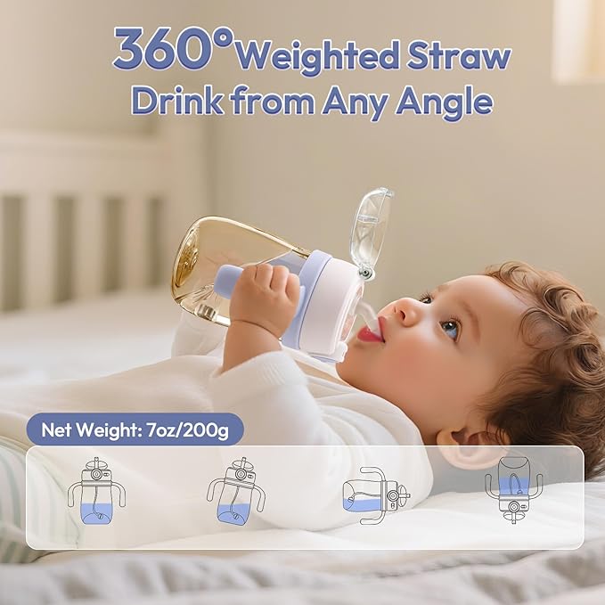 NCVI PPSU Milk Straw Sippy Cup Spill Proof for Toddlers 1-3 Years Old, Lightweight Baby Training Water Bottle with Weighted Straw/Handle/Strap/Lid, Baby's First Straw Cup, BPA-free 10floz (Blue)