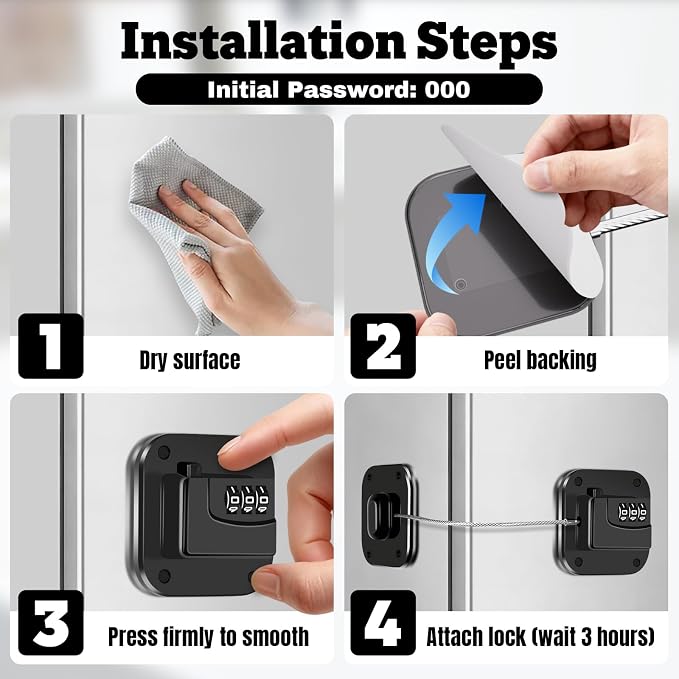 2 Pack Refrigerator Lock with Combination - Fridge Lock Child Proof Cabinet Locks with Adhesive for Freezer, Cabinets, Closet, Drawers, Keyless, Black