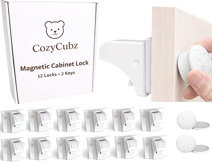 Magnetic Cabinet Locks Baby Proofing by CozyCubz – 12 Pack + 2 Keys, No Drill, Hidden Child Safety Latches for Cabinets & Drawers
