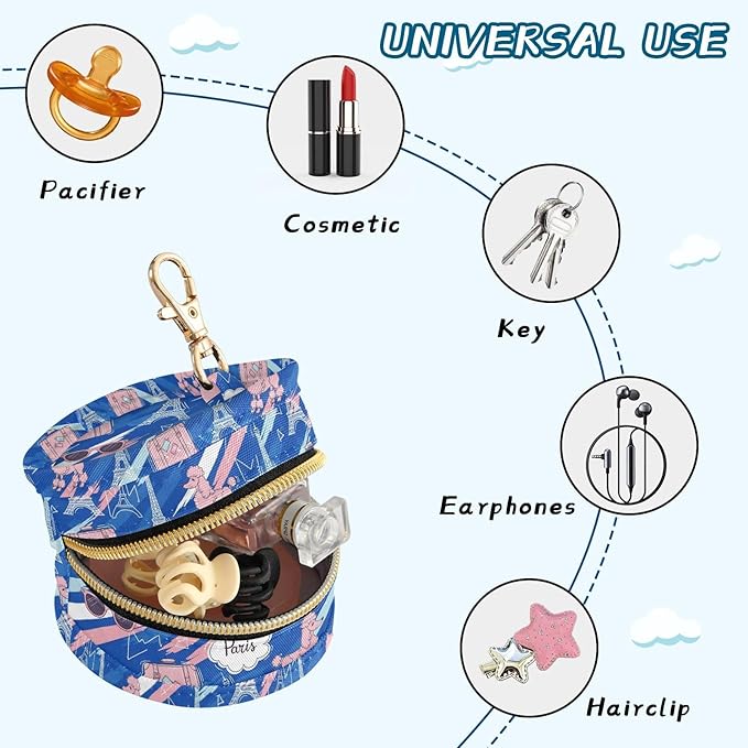 Paris Poodle Blue Print Pacifier Holder Case for Diaper Bag Portable Travel Pacifier Storage Case with Clip Pacifier Storage Container for Outdoor Purse Baby Girls Boys