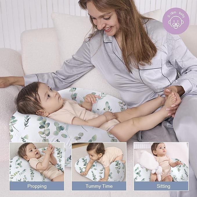 Little Grape Land Nursing Pillow,Upgraded Breast Feeding Pillow for Mom,Breastfeeding & Bottle Feeding for 0??7 Months, Soft Machine Washable Cover with firm breathable filling,Tummy Time,Green Leaves