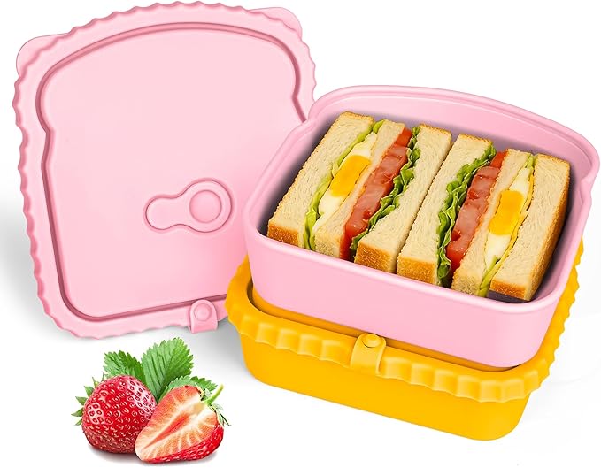 2 Pack Silicone Sandwich Container with Leakproof Lids, 15oz Reusable Lunch Box, BPA-Free Silicone Snack Box, Reusable Toast Container for Sandwiches, Snacks, Office, Travel (Pink+Yellow)