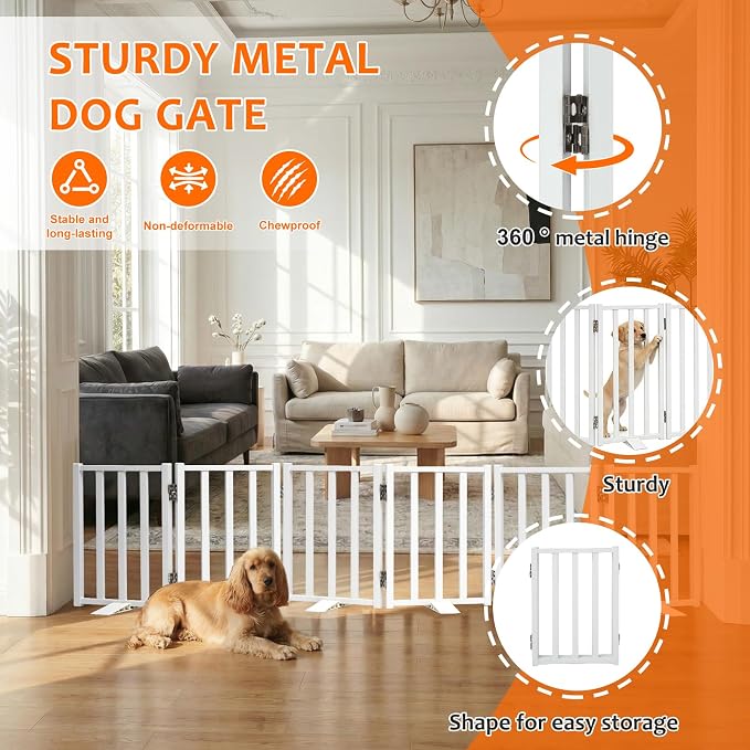 Snagle Paw Short Dog Gate,16.5" Tall Freestanding Metal Dog Gate Only for Small Dogs with Support Feet Easily Step Over,Up to 72" Wide Puppy Gate Indoor for Stairs,Doorways(White,6 Panel)