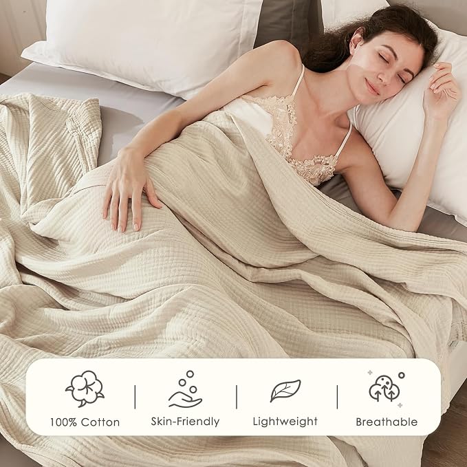 EMME Cotton Blanket Queen Size for Bed Soft Muslin Bed Blankets 90"x90" Beige Lightweight Breathable Bedspread Coverlet All Season Gauze