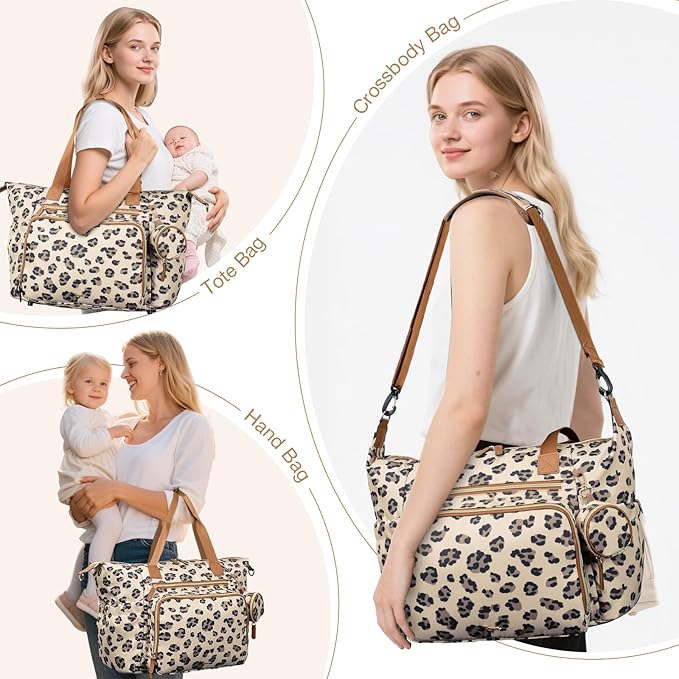 Diaper Bag Tote, Large Baby Diaper Bags for Travel, Hospital Bag for Labor Delivery with Pacifier Case, Changing Pad, Shoulder Strap, Leopard Print