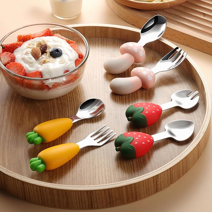 Toddler Utensils 4-Pack, Stainless Steel Toddler Forks and Spoons Set with Cute Mushroom& Strawberry Silicone Handles, Baby Kids Utensils, Children Safe Forks and Spoons Dishwasher Safe