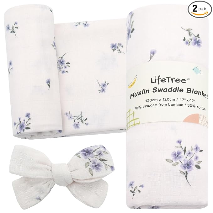 LifeTree Baby Muslin Swaddle Blankets for Boys & Girls, Newborn Swaddle Set with Matching Headband Bow, Infant Blanket Wrap, 47 x 47 inches, Purple Flower, 70% Viscose from Bamboo and 30% Cotton