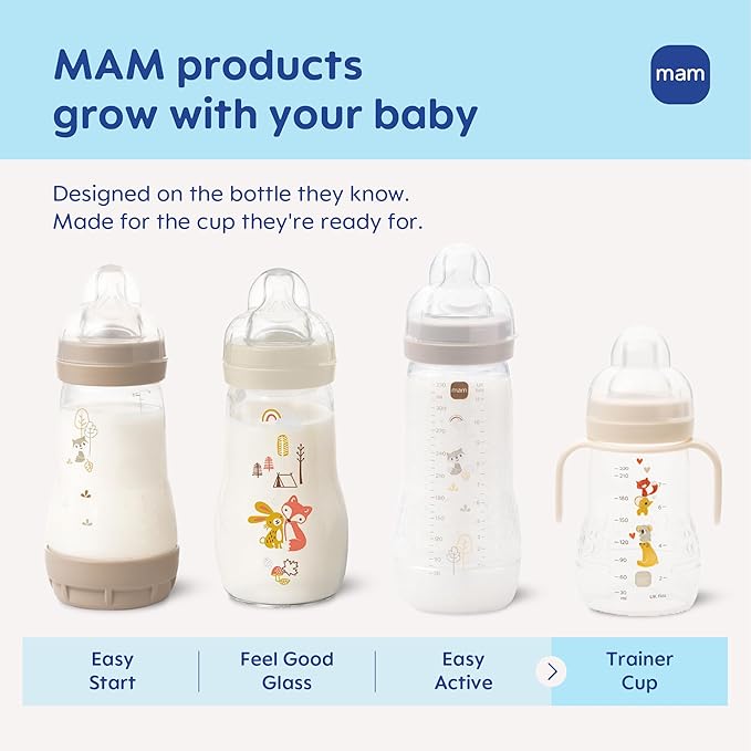 MAM Trainer Sippy Cup for Toddlers 1-3, 8 oz. Transition Drinking Cup with Extra-Soft Spout, Spill-Free Nipple, and Non-Slip Handles, for Boys 4+ Months, 1 Count