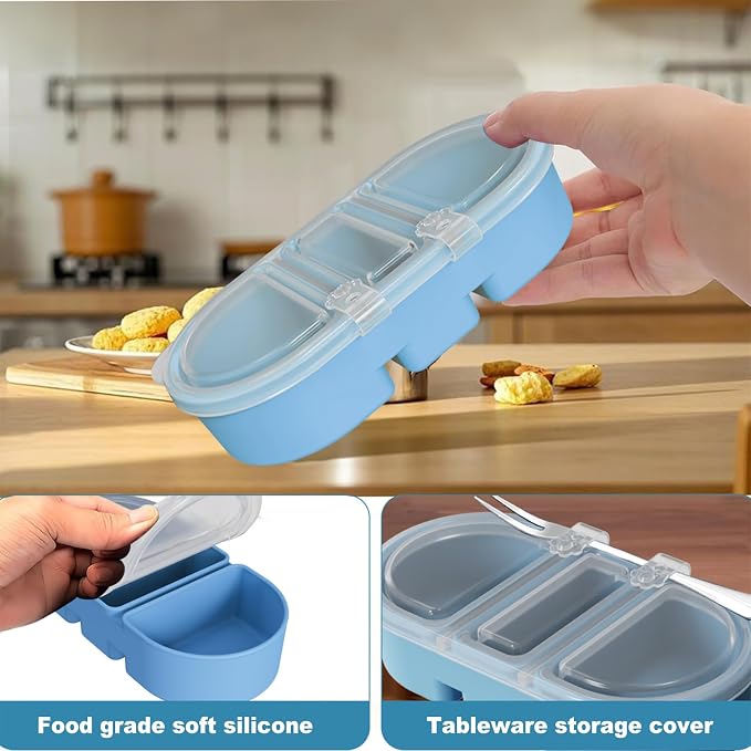 Silicone Snack Containers 3 Compartments Reusable Snackle Box with Lids Portable Food Storage for Picnic Lunch Office Gym School BPA-Free & Dishwasher Safe (Pink/Blue/Green)