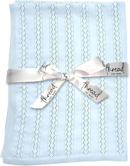 The Vintage Blanket - 100% Organic Cotton Baby Blanket, American Made, 30x40in - Bassinet, Crib, Stroller - Gift Registry Baby Shower for Newborns and Kids (Baby Blue)