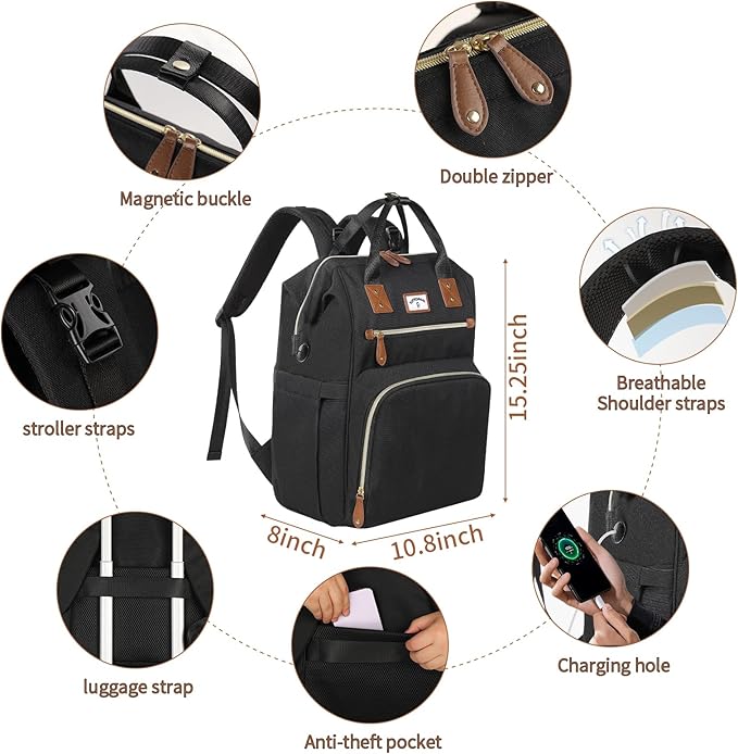 Diaper Bag Backpack:Baby Bag Large Tote Diaper bag for Boys and Girls, Men's Diaper Backpack, Women's Shoulder Mommy Bag, 2 Kids Nappy bag for mom and dad Black