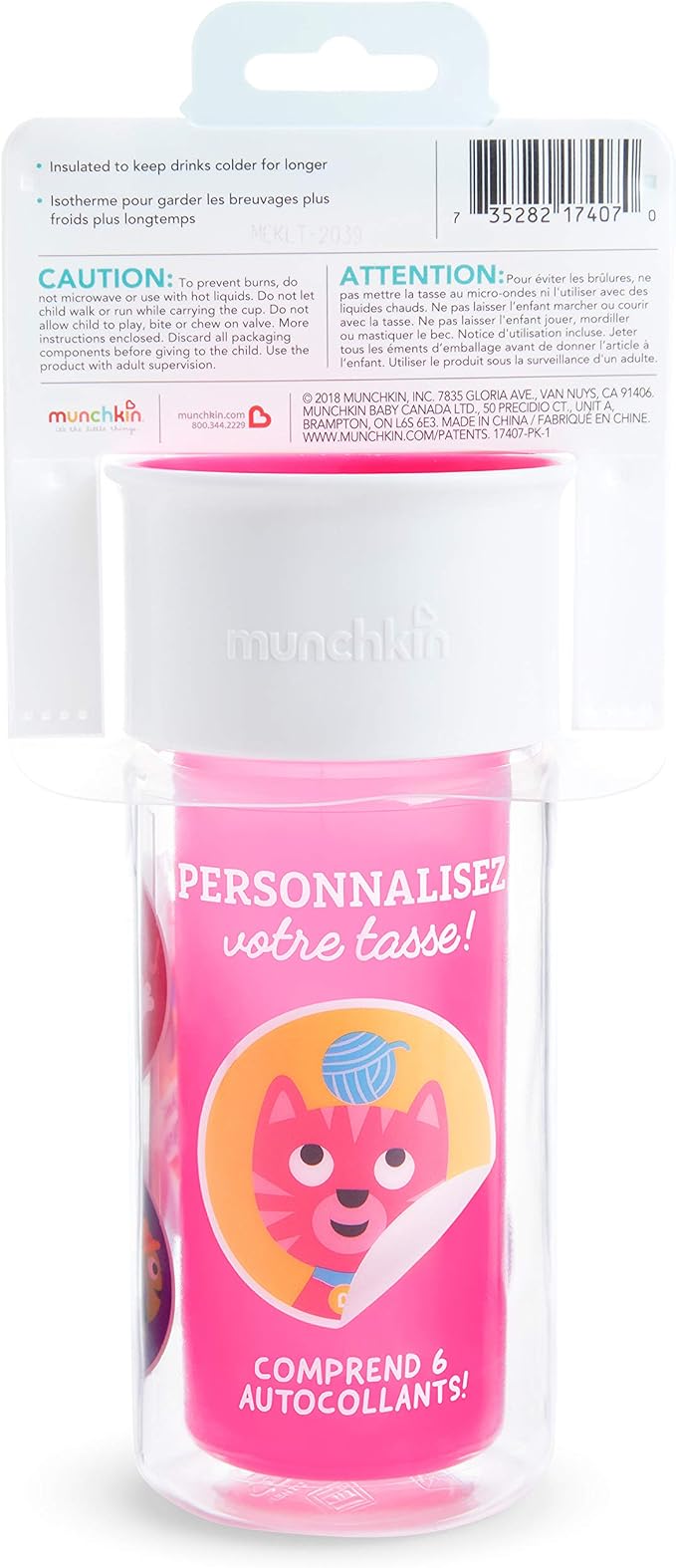 Munchkin® Miracle® 360 Insulated Sippy Cup, Includes Stickers to Customize Cup, 9 Ounce, Pink
