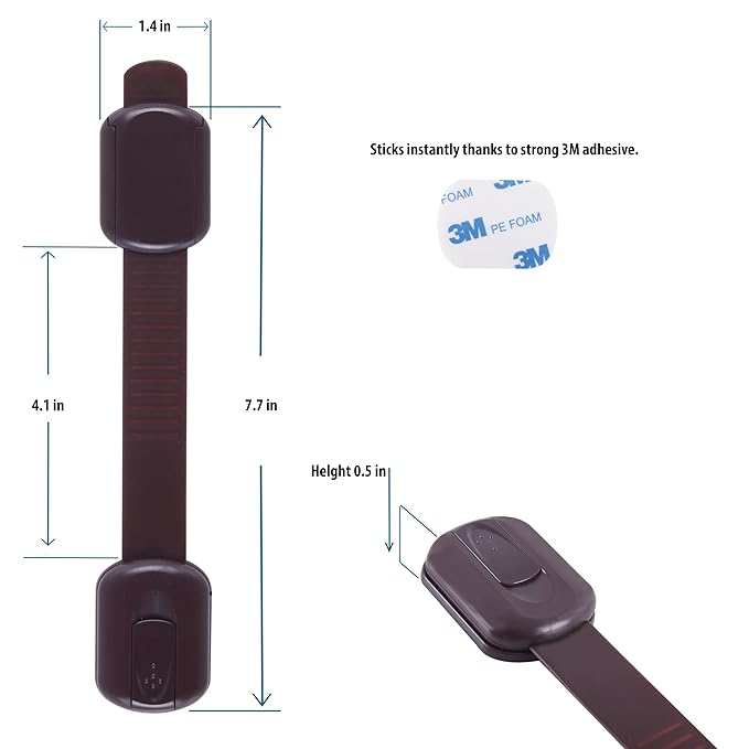Child Safety Cabinet Locks (8 Pack) – Adjustable Baby Proofing Strap Latches with Strong 3M Adhesive – No Drill Childproof Locks for Drawers, Cabinets, Fridge, Door, Closet, Brown
