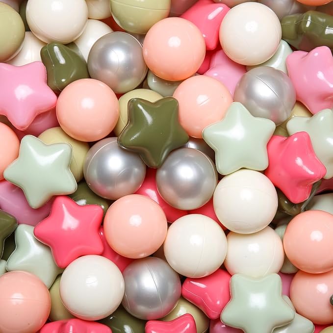 GOGOSO Ball Pit Balls for Toddlers Phthalate-Free BPA-Free Non-Toxic Crush Proof Soft Plastic Play Balls Baby Kids Shape Tent Pool Playhouse Playpen Party Decor,Stars Pink+Green+White Netural,100PCS
