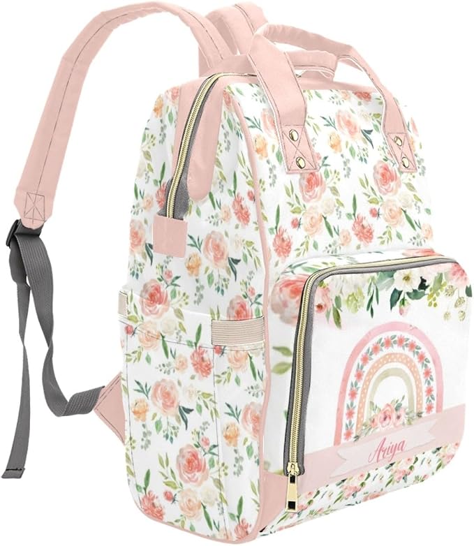Custom Diaper Bag with Name Personalized Floral Rainbow Nylon Travel Backpack for Holiday Travel Customized Nappy Changing Bag with Pockets for New Mom
