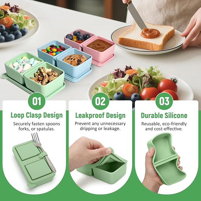 3Pack Silicone Snack Containers with Lids，2 Compartment Mini Leakproof Food Storage Box for Salad Dressing, Sauces, Travel, Picnic, Office (Lightweight and Convenient,8oz)