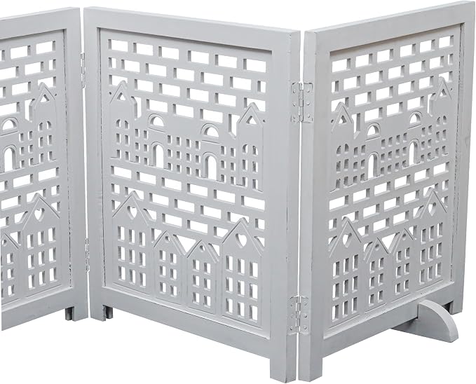 Freestanding Pet Gate for Dogs, Foldable Wooden Dog Gate for House, Indoor Dog Gate for Stair, Doorway, House Design Gates for Dogs Indoor, 72 Inch Wide, (18" x4 Panels =72 inch), White Antique