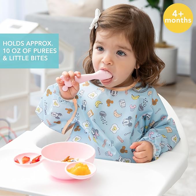 Bumkins Disney Baby Bowl, Silicone Feeding Set with Suction for Baby and Toddler, Includes Spoon and Lid, Essentials for Baby Led Weaning,for Babies 4 Months, Minnie Mouse Light Pink