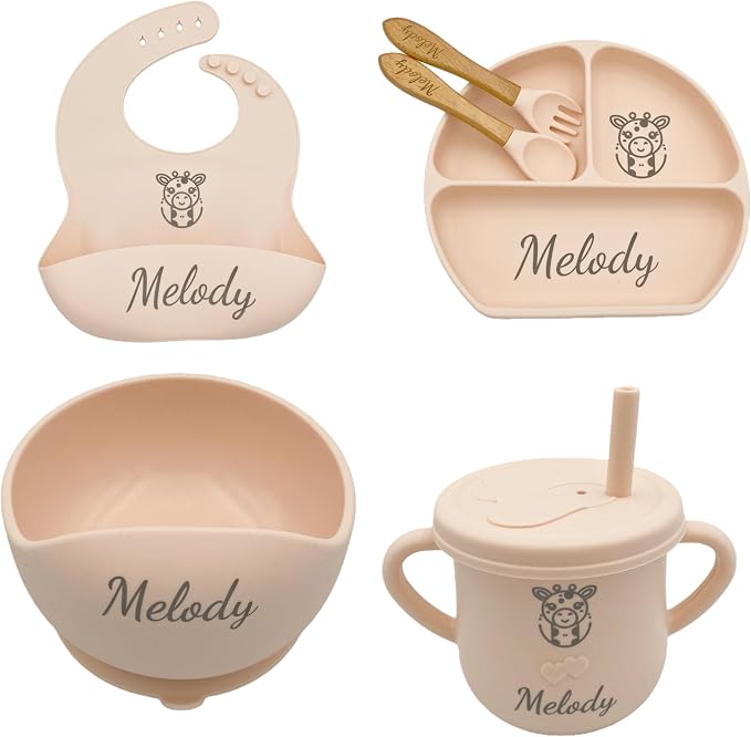 Personalized Name Food Grade 6pcs Baby Feeding Set with Spoon, Fork,Silicone Suction Bowls,Cup,Plate,and bib BPA Free - First Stage Self Feed (Color Y4)