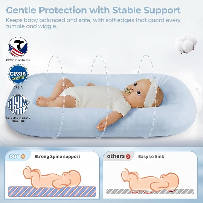 Infant Support Cushion - Baby Support Cushion for Newborn, 0-24 Months, Breathable Cotton Tummy Time Mat, Supervised Use, Portable Newborn Essentials for Home and Travel, ZumaBlue (Cover Included)