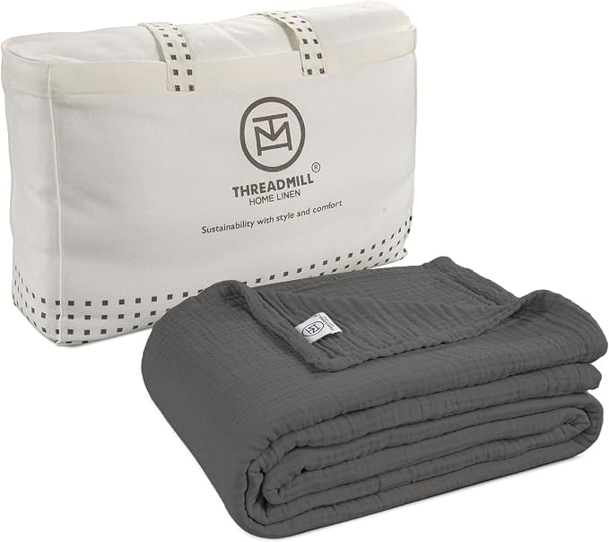 Threadmill Muslin Blanket for Queen Size Bed | 4 Layer 100% Cotton Gauze Blankets | Soft, Breathable and Cozy Bed Throw for All Seasons | Pre Washed, Lightweight Blanket Fits Full Size Bed | Dark Grey
