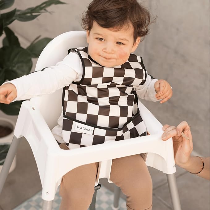 Tiny Twinkle Mess Proof Baby Bibs | 2 Pack Waterproof Toddler Bib for Eating | Baby Apron for Feeding, Machine Washable, Perfect Shower Gift (Space,Black Checkers, 6??4M)