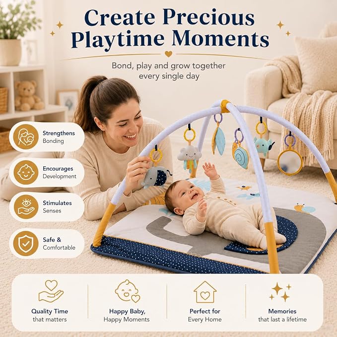 Baby Play Gym – Tummy Time Mat for Infants, Baby Activity Mat, Play Mat for Babies 0-18 Months, Infant Play Mat with Detachable Toys, Soft Velvet Play Mat, Sensory & Montessori Gym