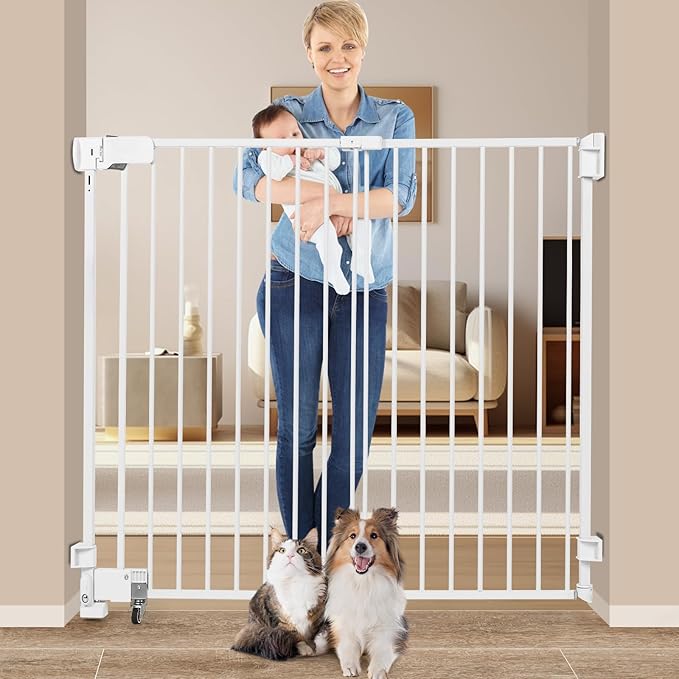 SHYUJAJIE No Bottom Bar Baby Gate, 51.18 inch Tall Cat Pet Gate for Doorway, Adjustable 27.5in- 43 in Dog Gate with Large Walk Thru Door (White, 51.18inch)