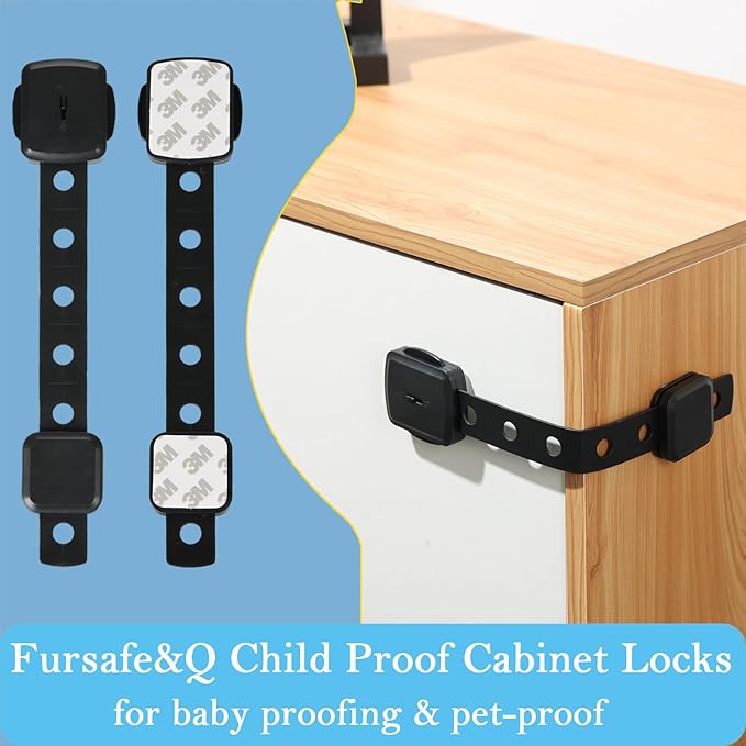 Fursafe&Q Cabinet Locks Baby Proofing, Baby Drawer Safety Locks -Adhesive Child Safety Lock Straps Adjustable Door Latch for Fridge Toilet Oven No Drill Furniture Kitchen Lock