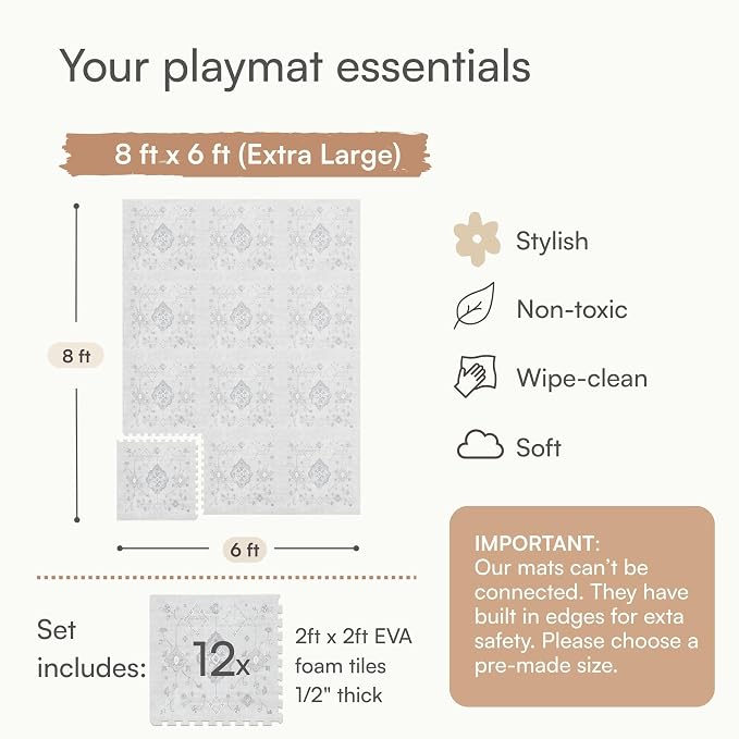 Lillefolk Baby Play Mat for Floor – 6x8ft Vintage Gray | PFAS Free Non Toxic Premium EVA Foam Tiles for Tummy Time, Crawling & Playpen – No Loose Edges Interlocking Babies & Toddlers (12 Tiles)