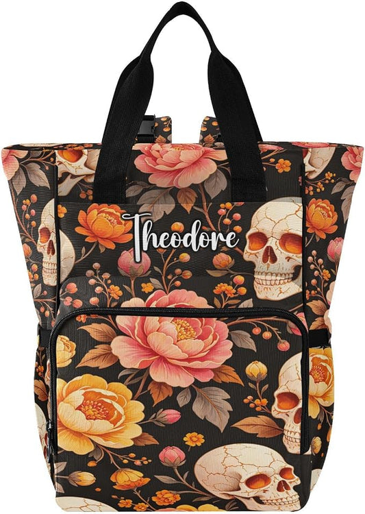 Custom Name Skull Orange Marigolds Diaper Bag Stroller Straps Gift Mom Dad