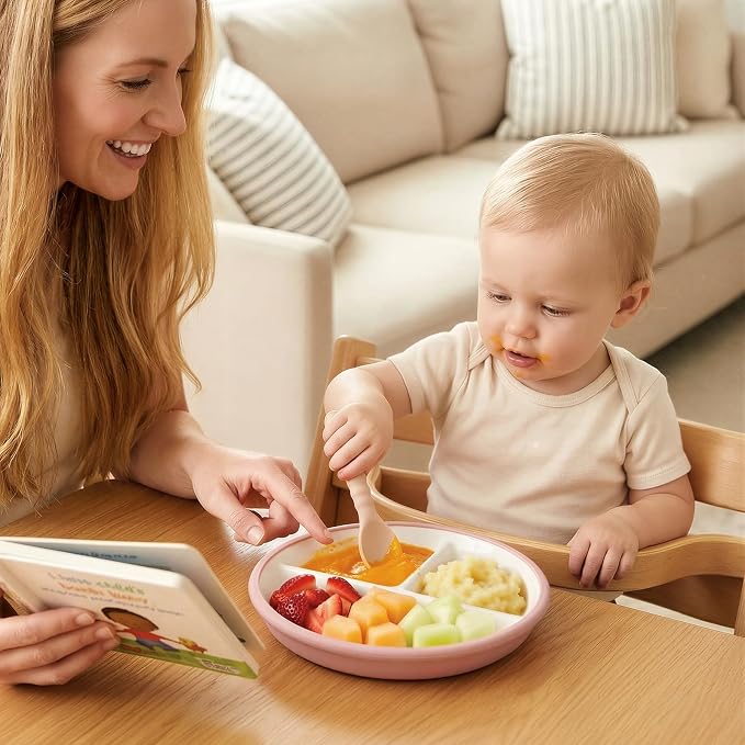 DOWAN 7.8'' Ceramic Toddler Suction Plates, 4 x Divided Baby Plates with Silicone Sleeve, Lead-Free Unspill for Self-Feeding, Microwave & Dishwasher Safe, Easy Release, for Home/High Chair/On-the-Go