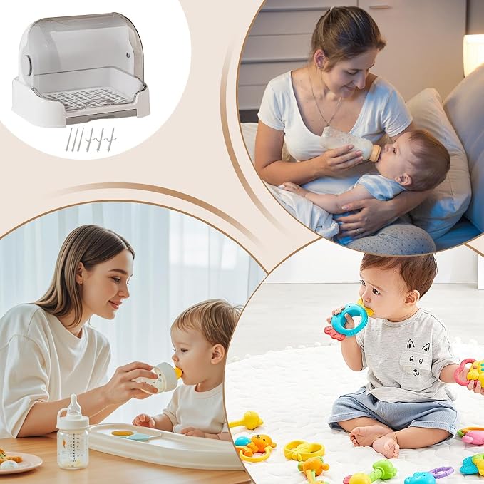Kid Bottle Storage Box,Kid Bottle Drying Rack with Cover with Lid and Detachable Drain Tray, with 6 Drain Support Racks, for Various Daily Necessities for Kids