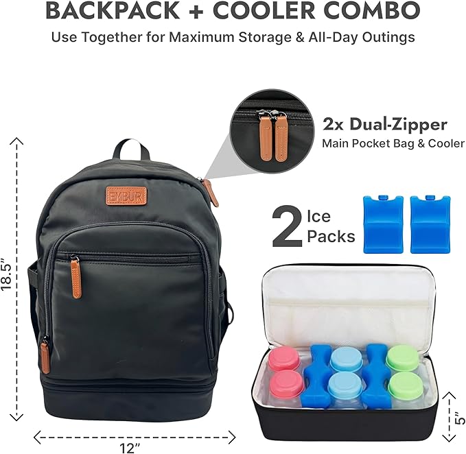 EMBUR Diaper Bag Backpack with Detachable Insulated Cooler ??Waterproof, Lightweight Baby Bag with Multi-Compartments, Stroller Straps, Changing Pad, Large Capacity, Ice Packs Included